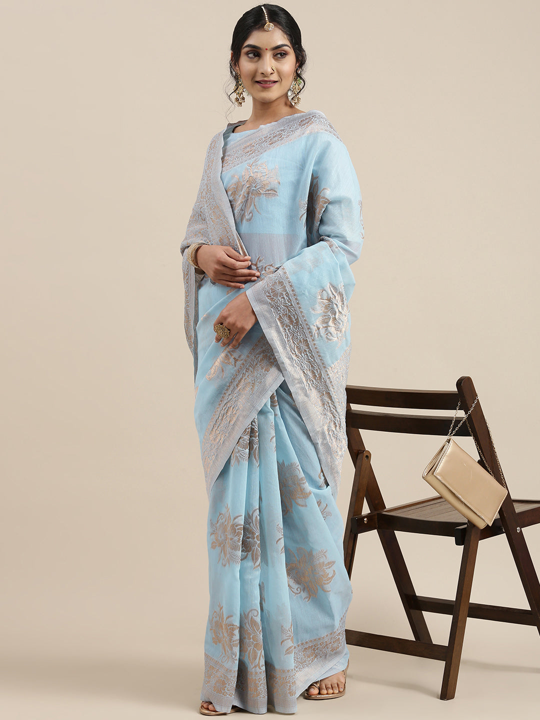 Saree Mall Turquoise Blue Floral Linen Blend Banarasi Saree