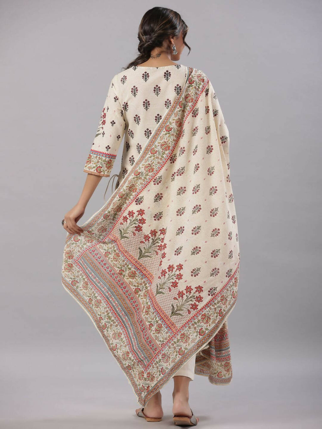 Juniper Women's Beige Cambric Floral Placement Printed Straight Fit Kurta Sets