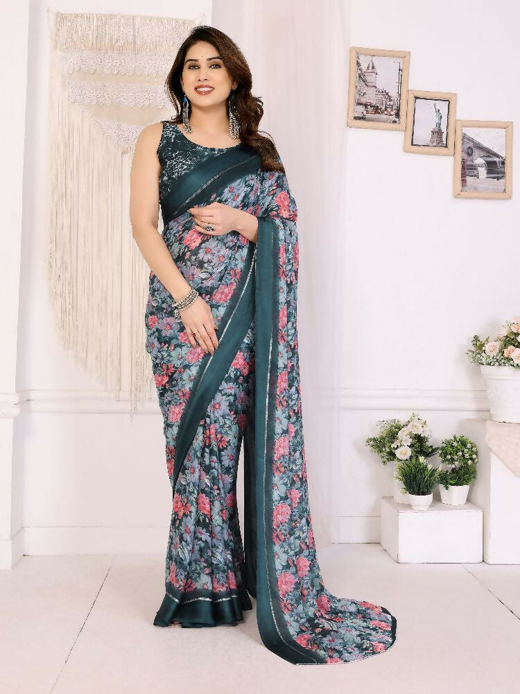 PR Fashion Morpich Bright Moss Satin Patta Printed Saree