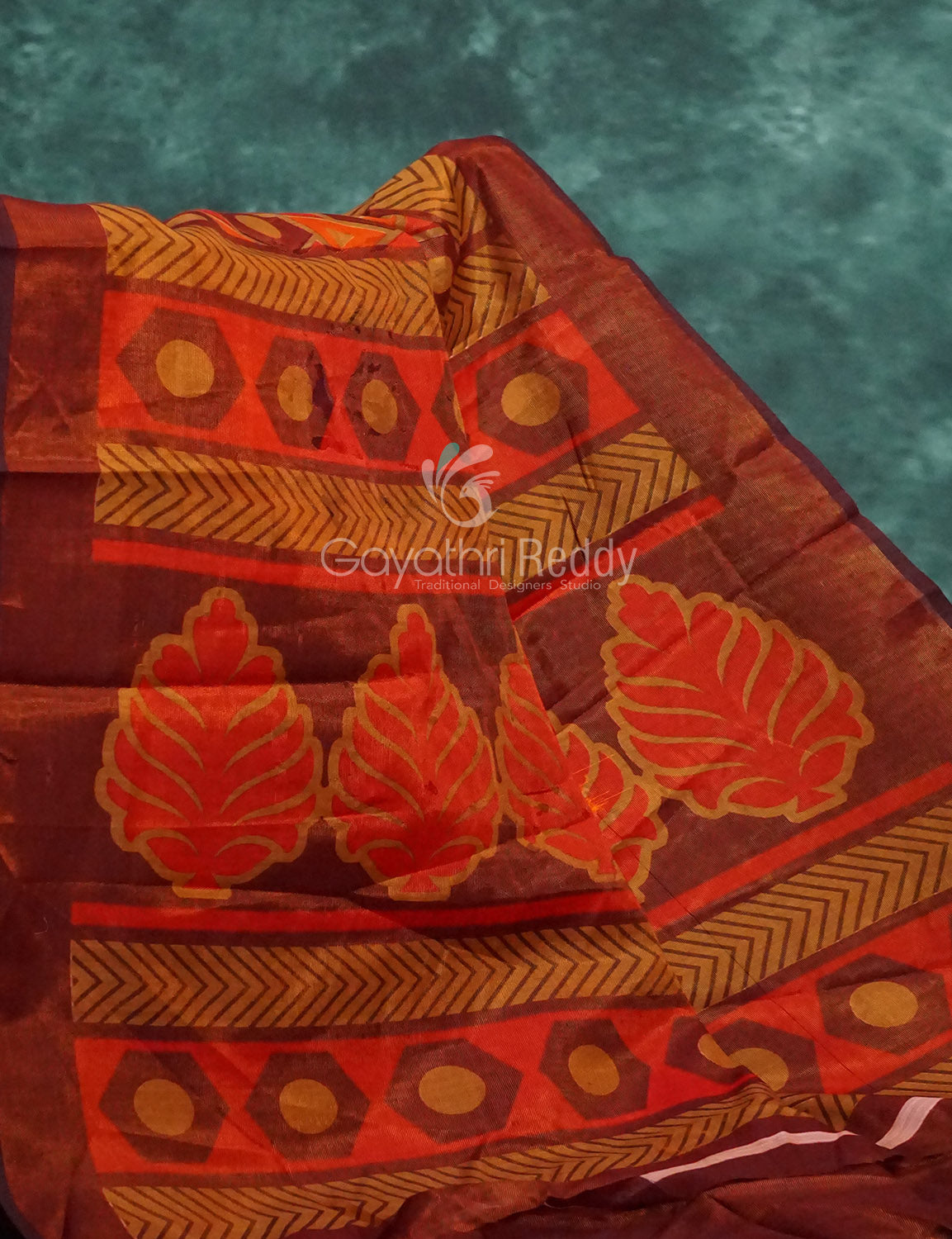 Orange and brown mix geometrical print Semi Chanderi Saree. By Gayathri Reddy Designer Studio