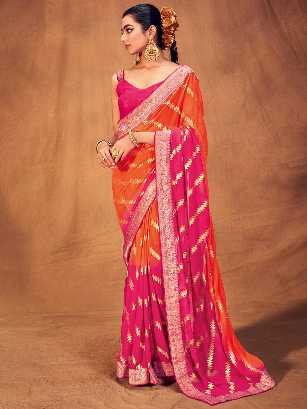 Saree Mall Striped Woven Design Zari Pure Georgette Sarees