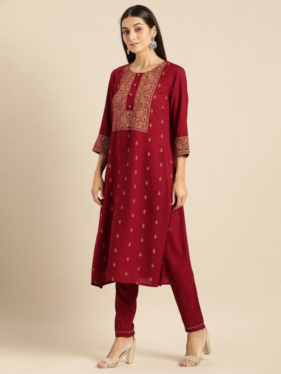 All About You Women Maroon Printed Kurta with Trousers