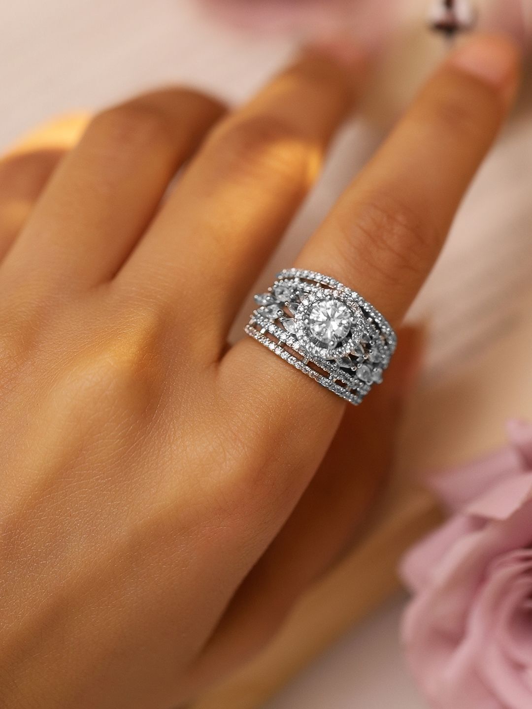 Rubans Women Rhodium Plated Cubic Zirconia Studded Adjustable Finger Ring