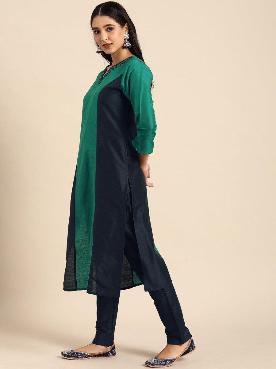 All About You Women Green & Navy Blue Colourblocked Kurta with Trousers