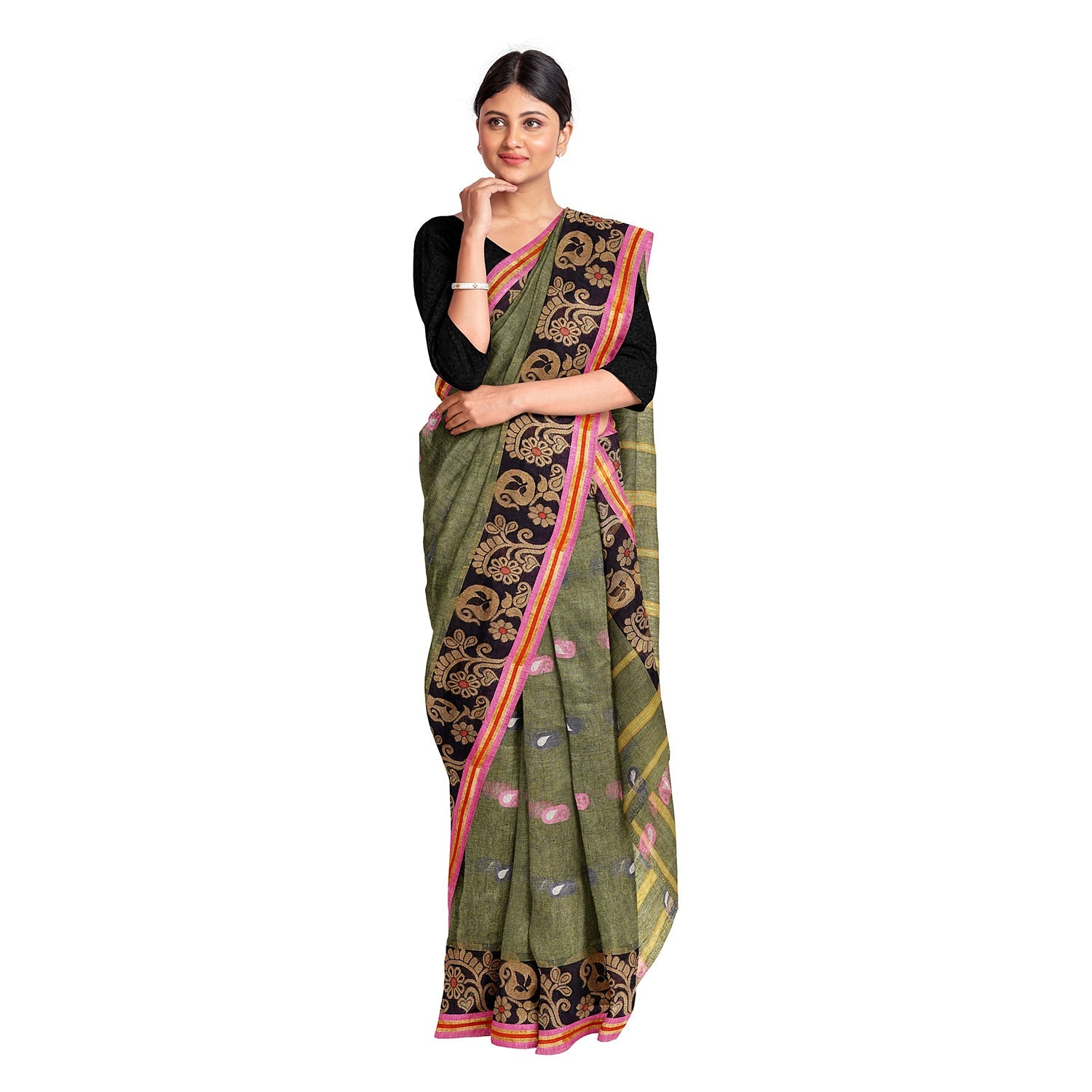 Exclusive Collection 100% Pure Cotton Pesta Tant Saree With Hand Weaving Work