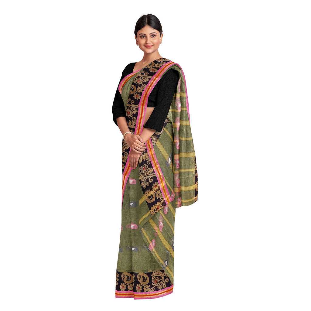 Exclusive Collection 100% Pure Cotton Pesta Tant Saree With Hand Weaving Work