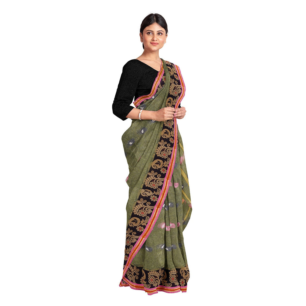 Exclusive Collection 100% Pure Cotton Pesta Tant Saree With Hand Weaving Work