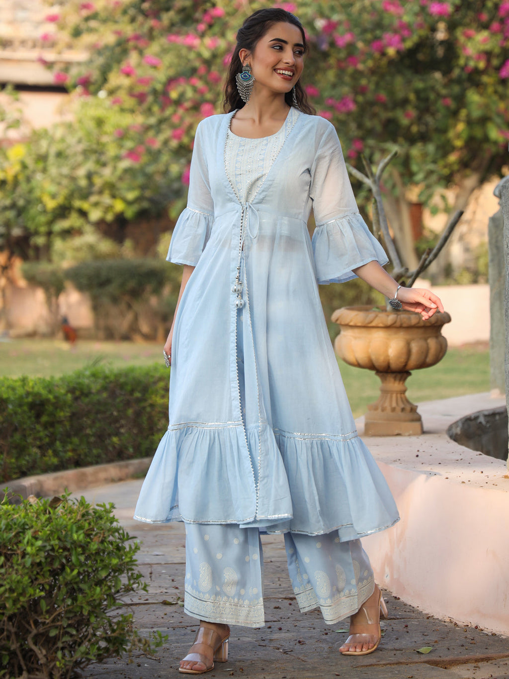 Juniper Powder blue Ethnic Motif printed rayon Crop Top Palazzo & Shrug With Beads & Sequins Work