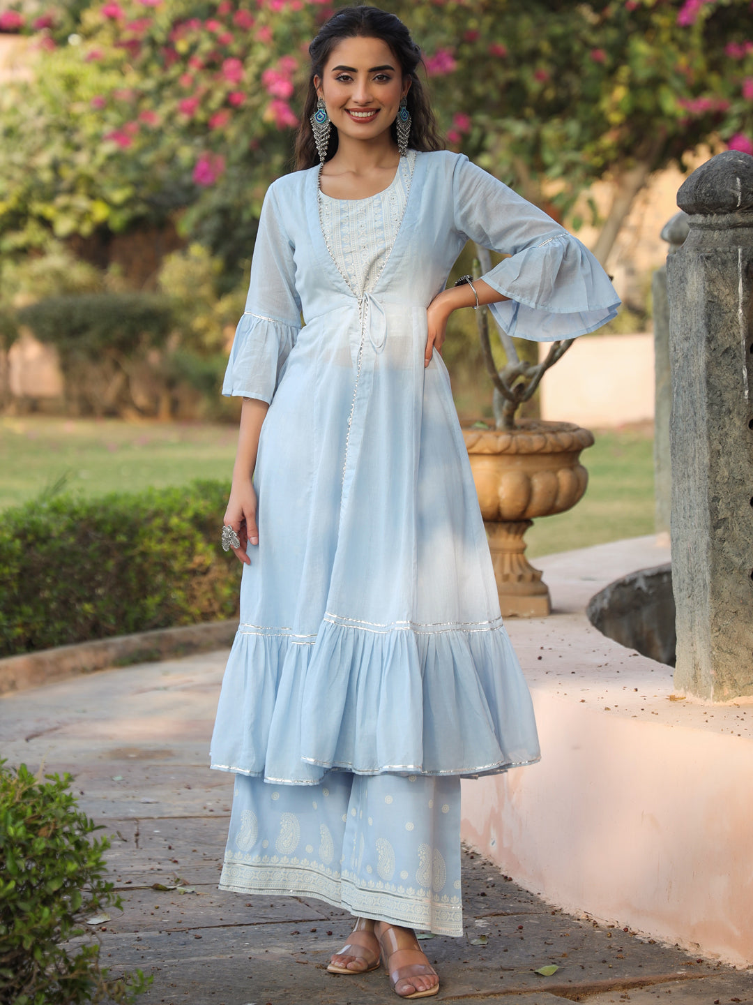 Juniper Powder blue Ethnic Motif printed rayon Crop Top Palazzo & Shrug With Beads & Sequins Work