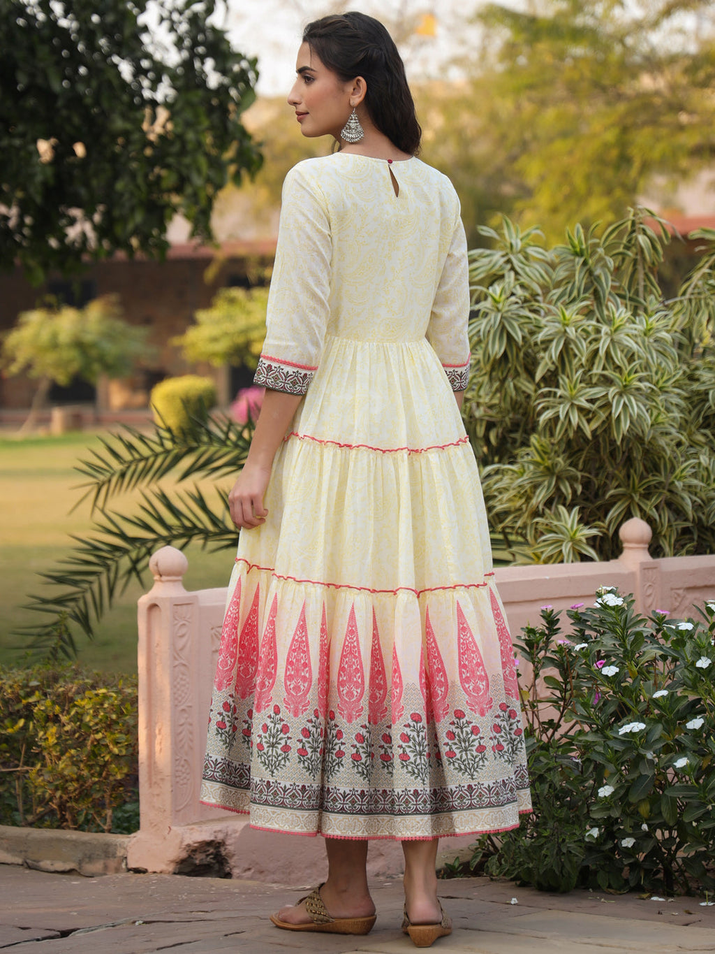 Juniper Yellow Ethnic Motif Printed Cotton Voile Maxi Dress With Thread Embroidery