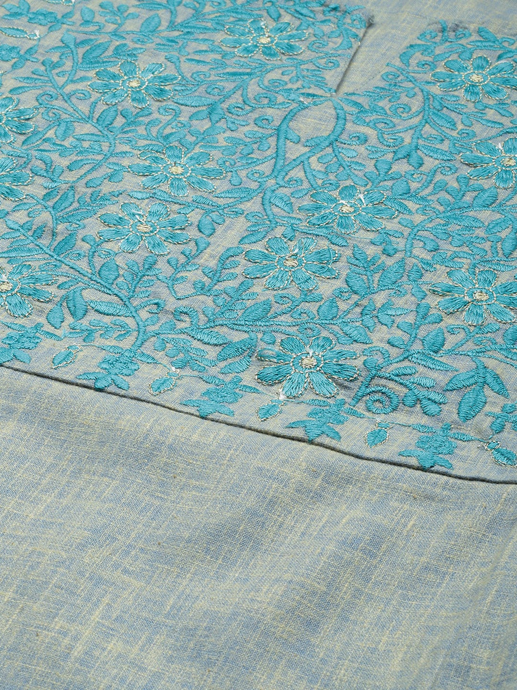 HERE&NOW Grey & Blue Embroidered Cotton Kurta with Trousers & With Dupatta