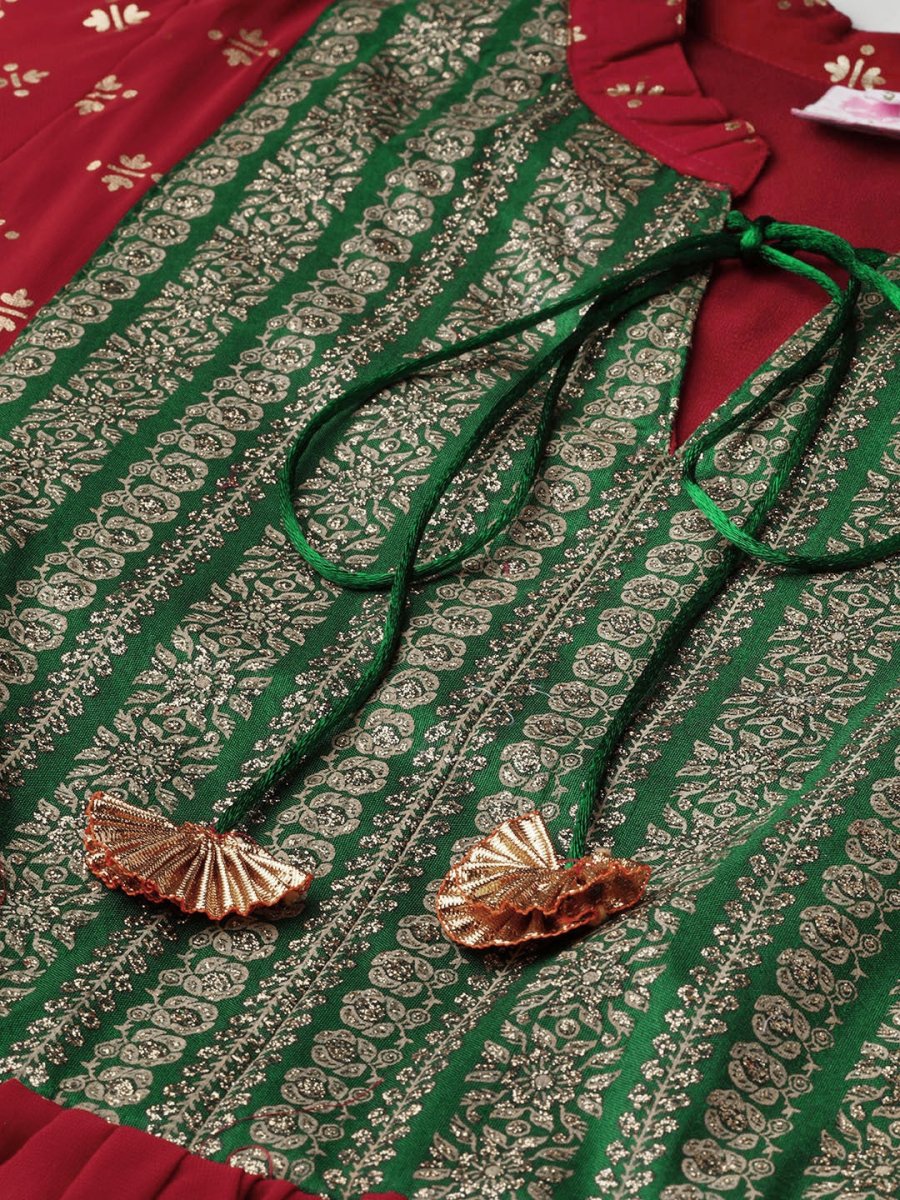 Ahalyaa Maroon & Green Printed A-Line Kediya Tunic