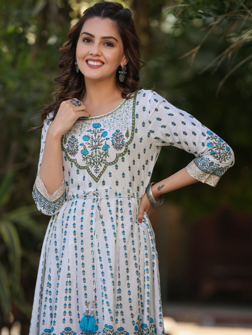 Juniper Blue Ethnic Motif Printed Flared Shantoon Maxi Dress With Beads & Sequins Work