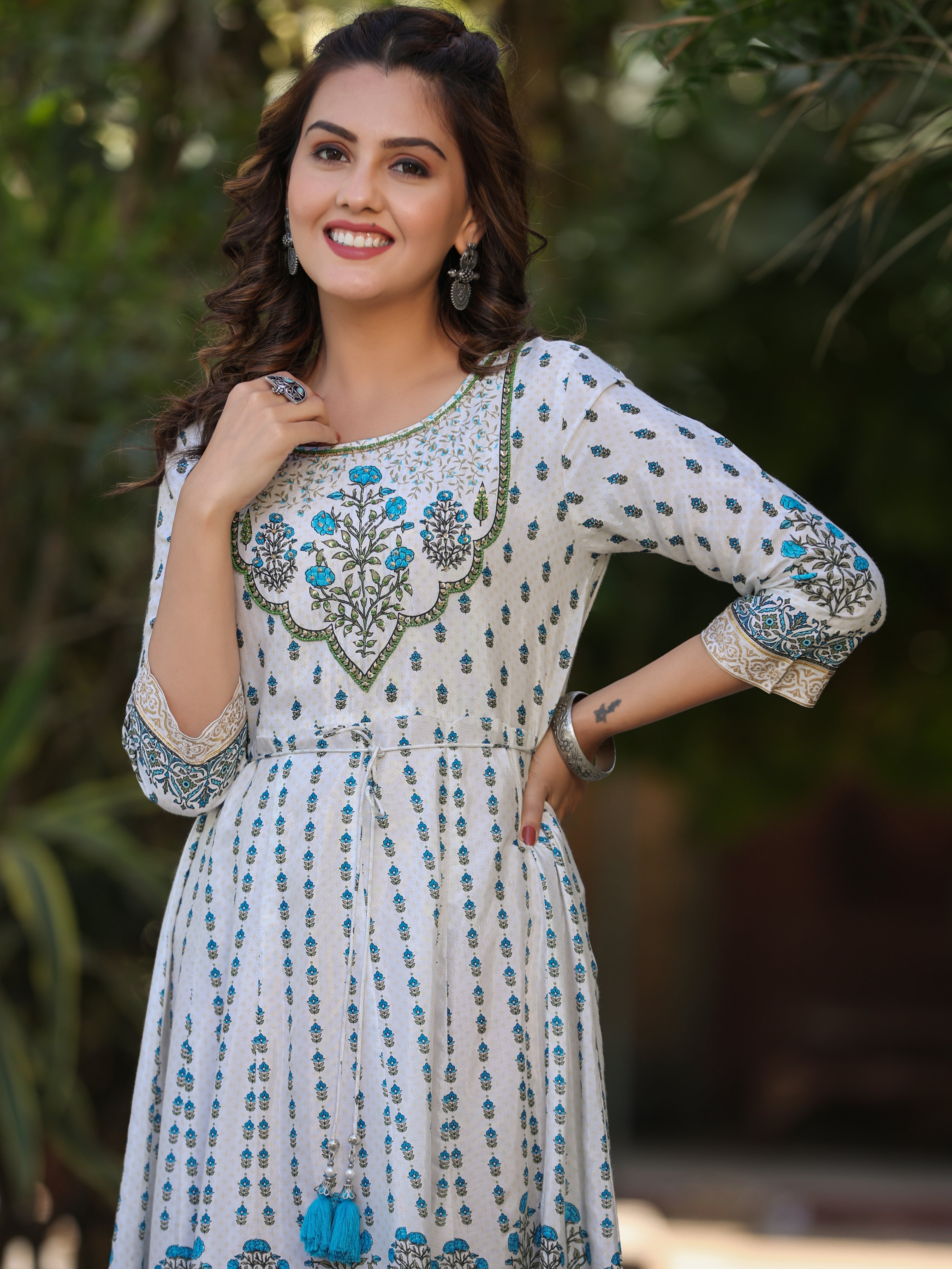 Juniper Blue Ethnic Motif Printed Flared Shantoon Maxi Dress With Beads & Sequins Work