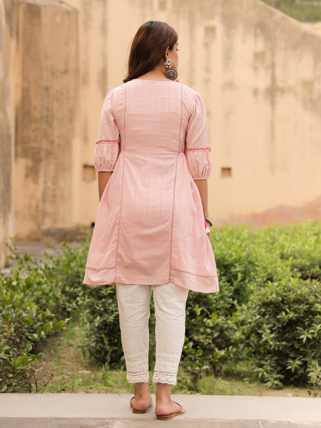 Juniper Women's Pink Floral Printed Cotton Dobby Flared Short Kurta With Pant With Thread Embroidery