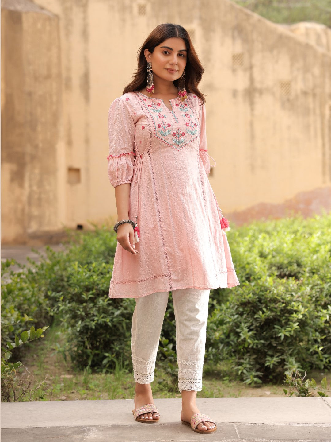 Juniper Women's Pink Floral Printed Cotton Dobby Flared Short Kurta With Pant With Thread Embroidery