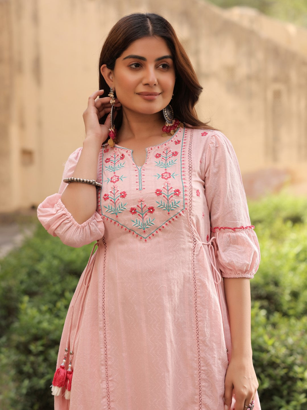 Juniper Women's Pink Floral Printed Cotton Dobby Flared Short Kurta With Pant With Thread Embroidery