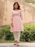 Juniper Women's Pink Floral Printed Cotton Dobby Flared Short Kurta With Pant With Thread Embroidery