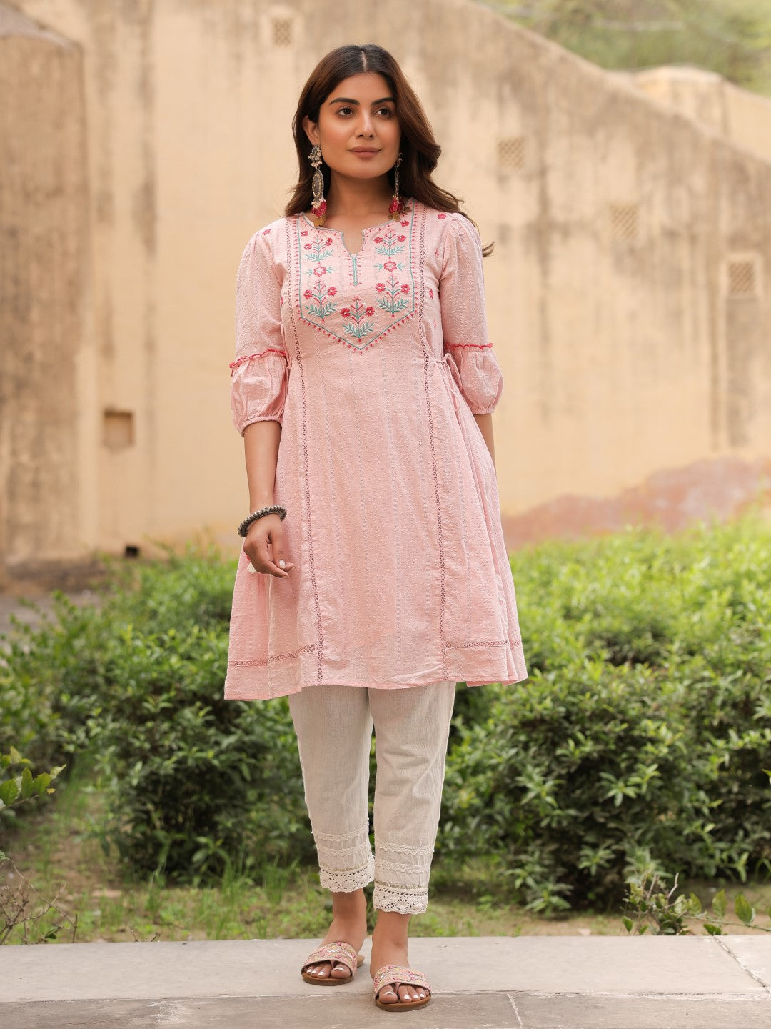 Juniper Women's Pink Floral Printed Cotton Dobby Flared Short Kurta With Pant With Thread Embroidery