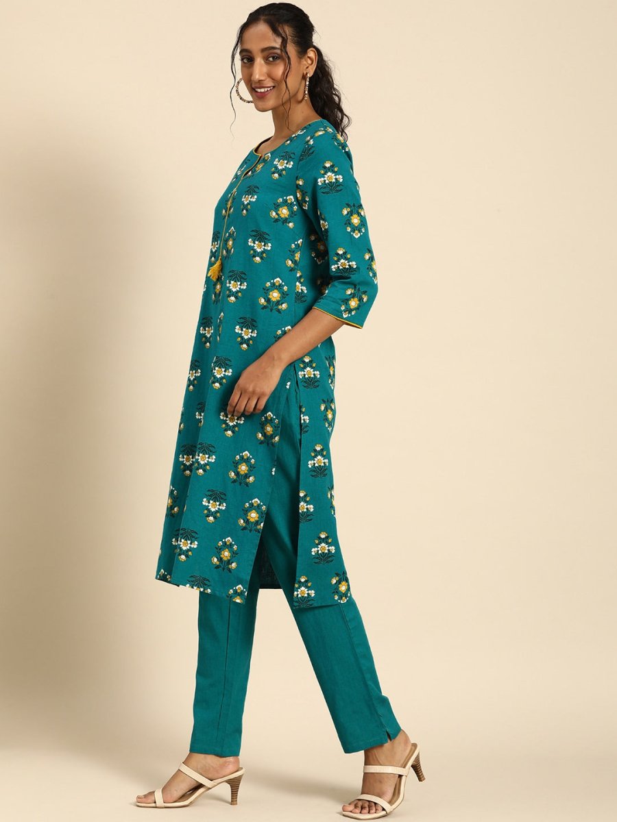 All About You Women Teal Blue Floral Printed Regular Pure Cotton Kurta with Trousers
