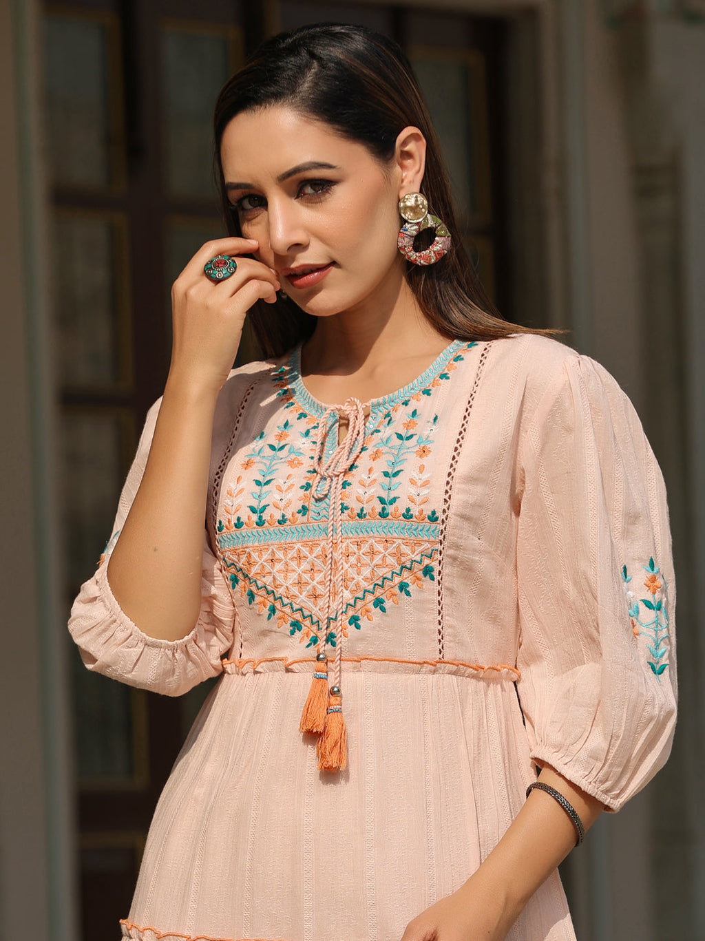 Juniper Women Peach Cotton Dobby Embroidered Tiered Maxi Dress