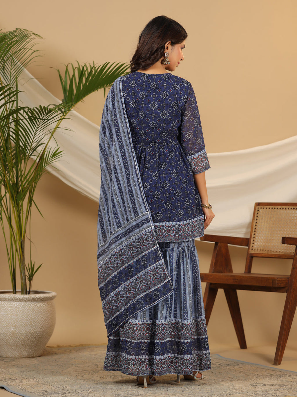 Juniper Navy Blue Geometric Printed Georgette Gota Kurta Sharara & Dupatta Set With beads & Sequins