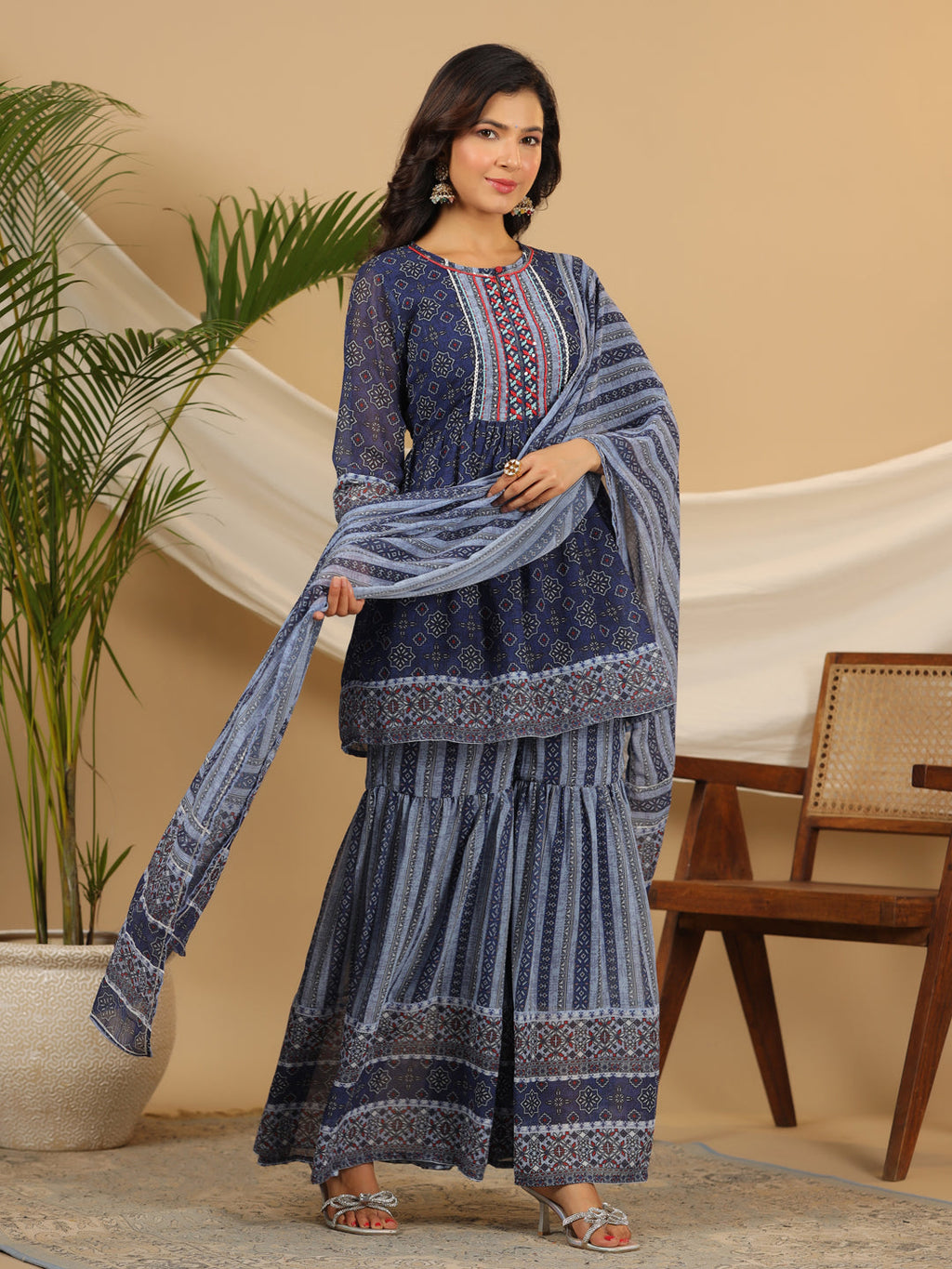 Juniper Navy Blue Geometric Printed Georgette Gota Kurta Sharara & Dupatta Set With beads & Sequins