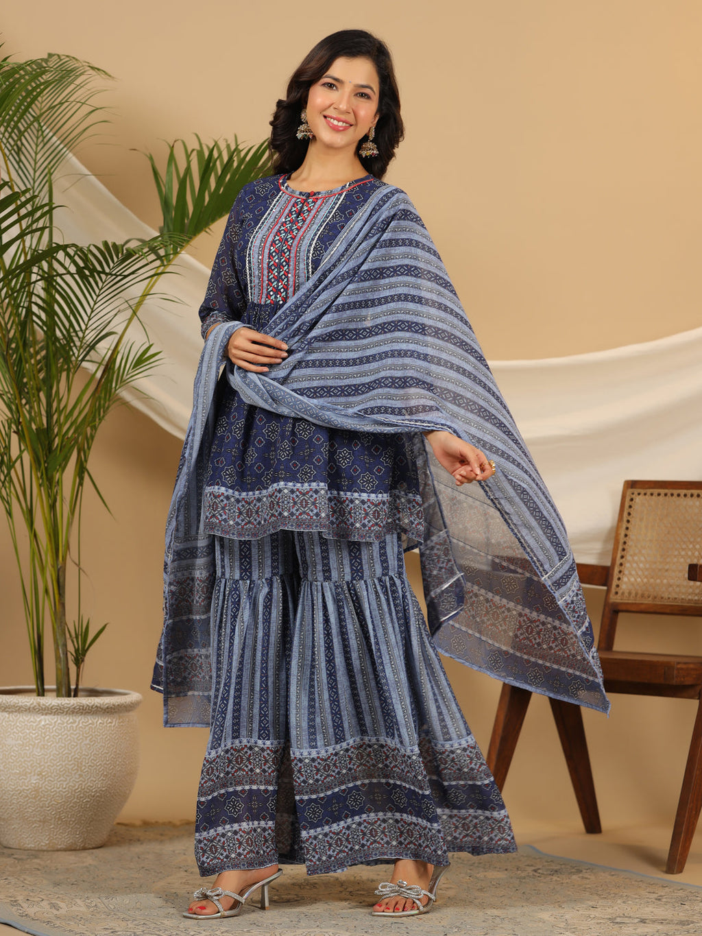Juniper Navy Blue Geometric Printed Georgette Gota Kurta Sharara & Dupatta Set With beads & Sequins
