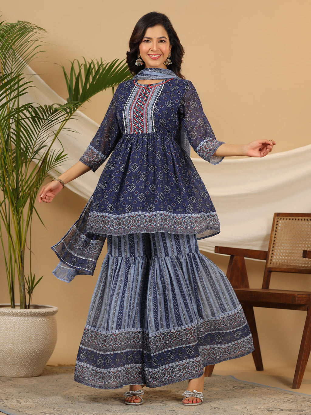Juniper Navy Blue Geometric Printed Georgette Gota Kurta Sharara & Dupatta Set With beads & Sequins