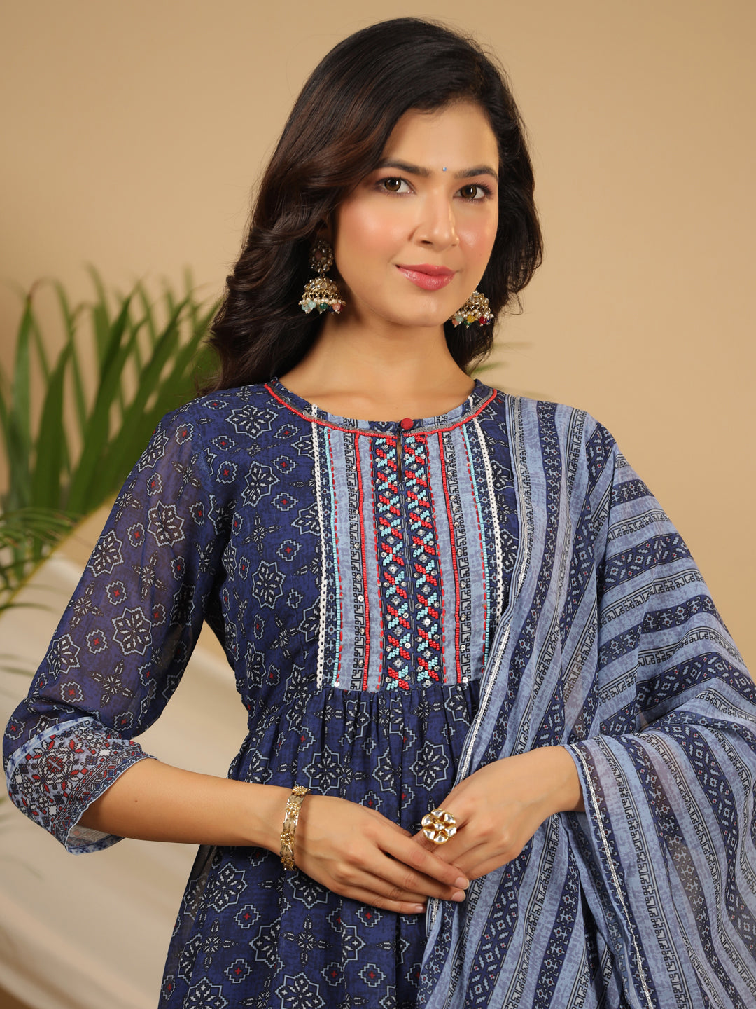 Juniper Navy Blue Geometric Printed Georgette Gota Kurta Sharara & Dupatta Set With beads & Sequins