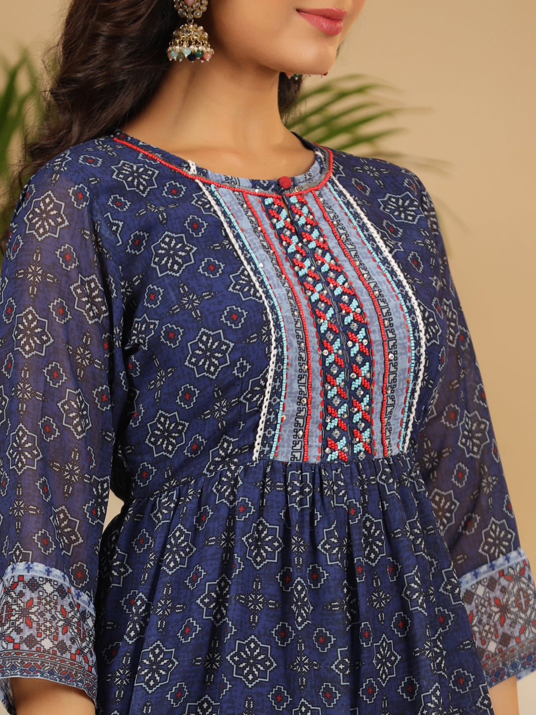 Juniper Navy Blue Geometric Printed Georgette Gota Kurta Sharara & Dupatta Set With beads & Sequins