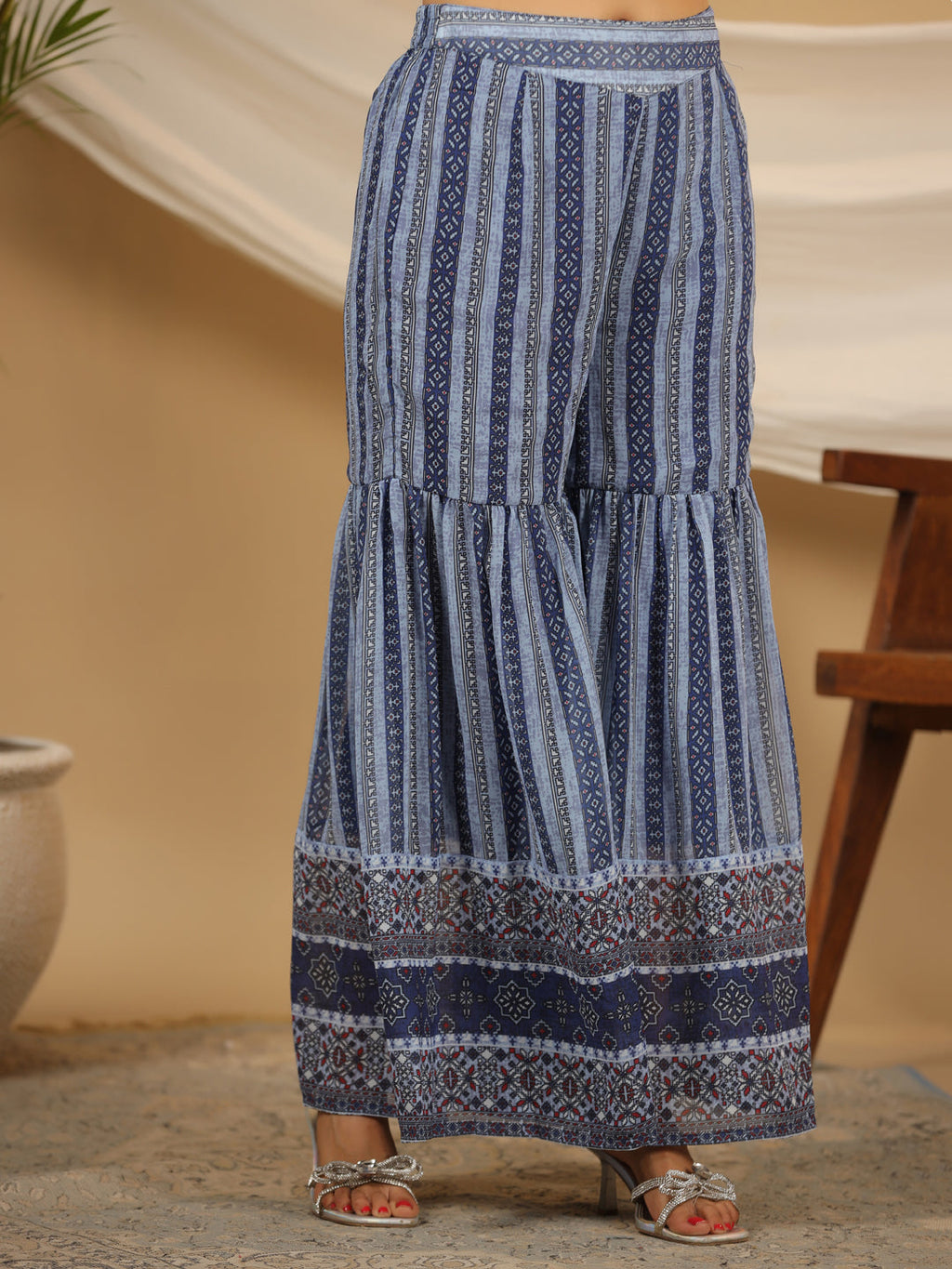 Juniper Navy Blue Geometric Printed Georgette Gota Kurta Sharara & Dupatta Set With beads & Sequins