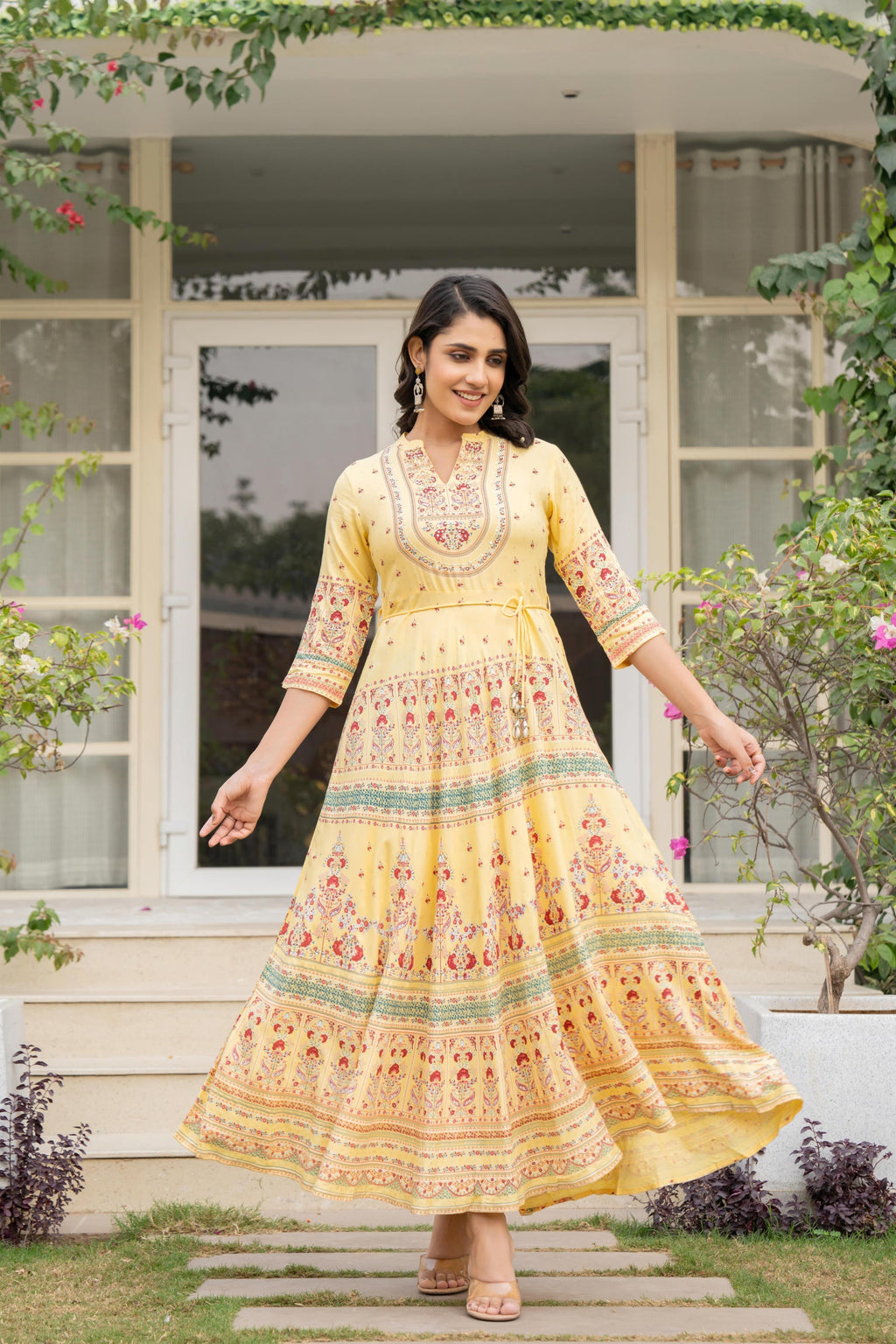 Juniper Women's Yellow Ethnic Motif Printed Rayon Dress With Dori & Kaudis