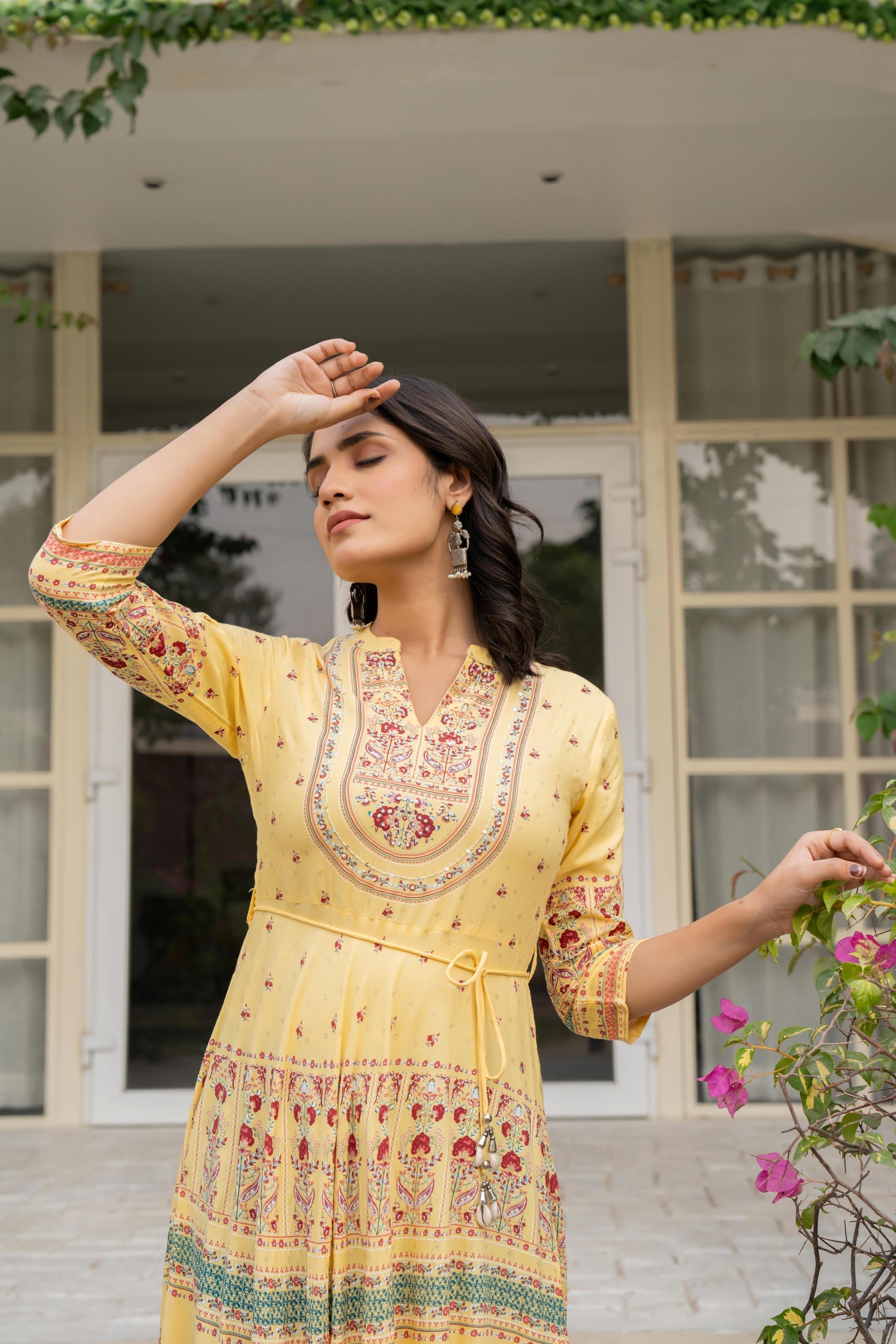 Juniper Women's Yellow Ethnic Motif Printed Rayon Dress With Dori & Kaudis