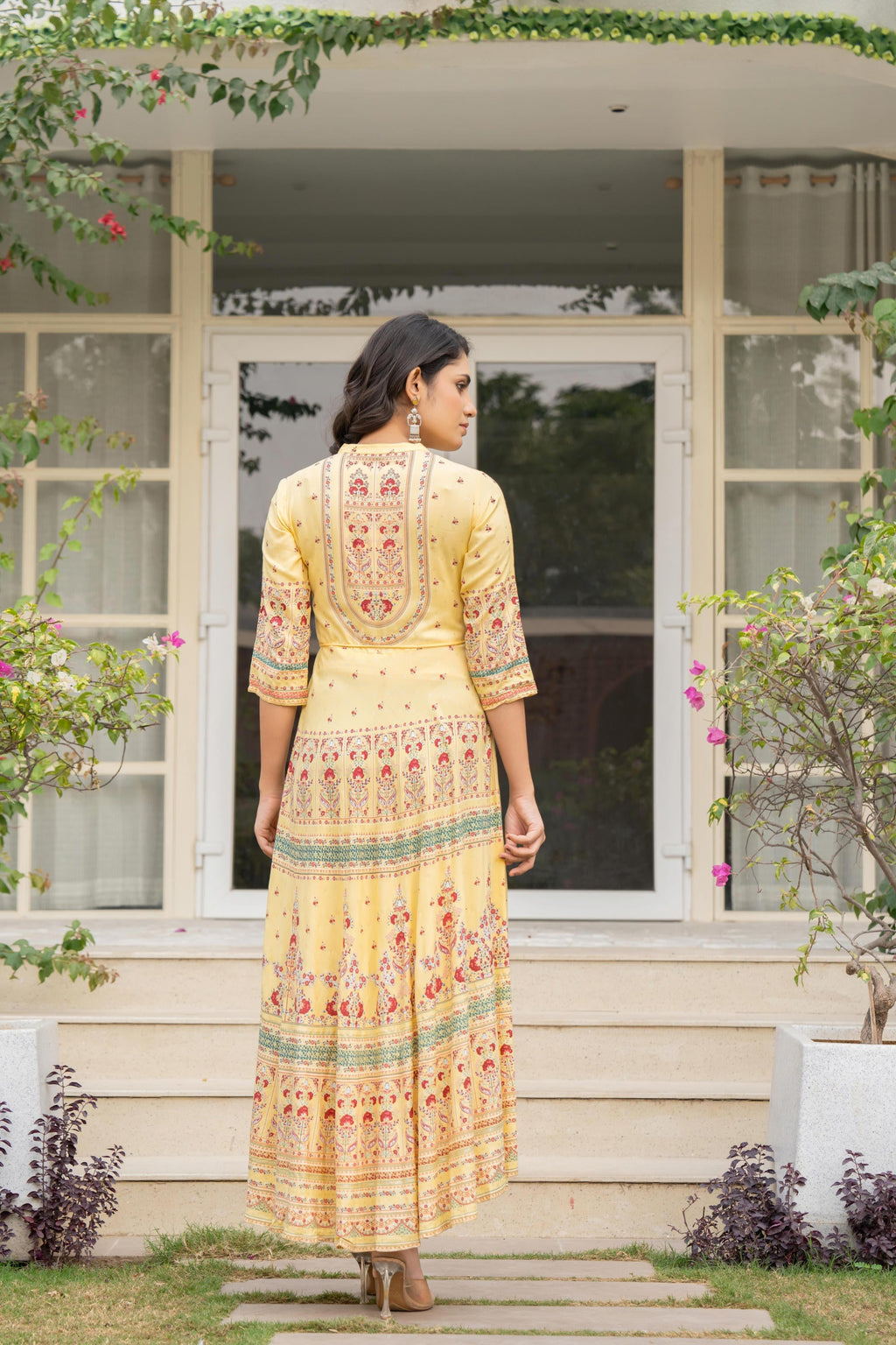 Juniper Women's Yellow Ethnic Motif Printed Rayon Dress With Dori & Kaudis