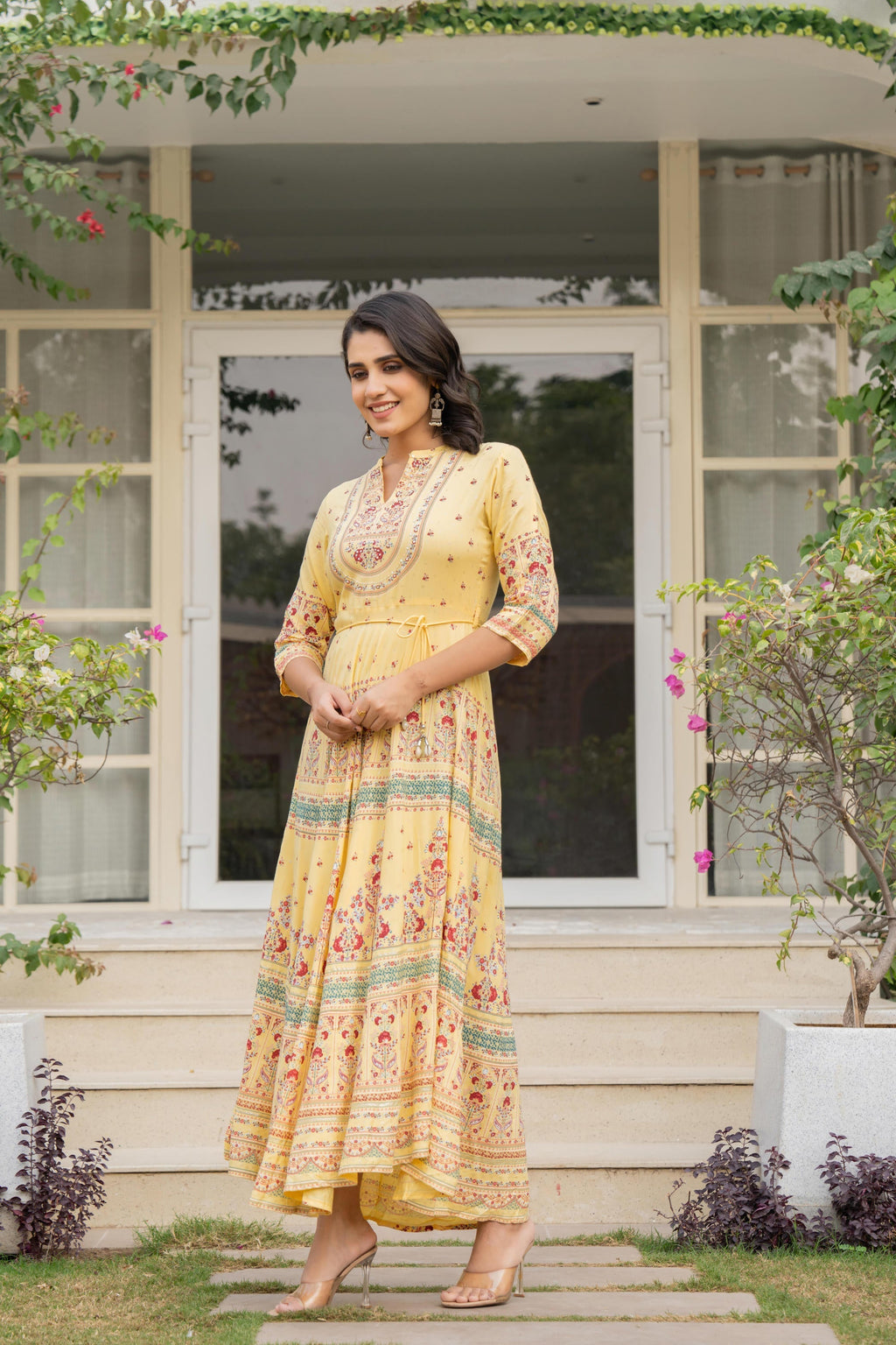 Juniper Women's Yellow Ethnic Motif Printed Rayon Dress With Dori & Kaudis
