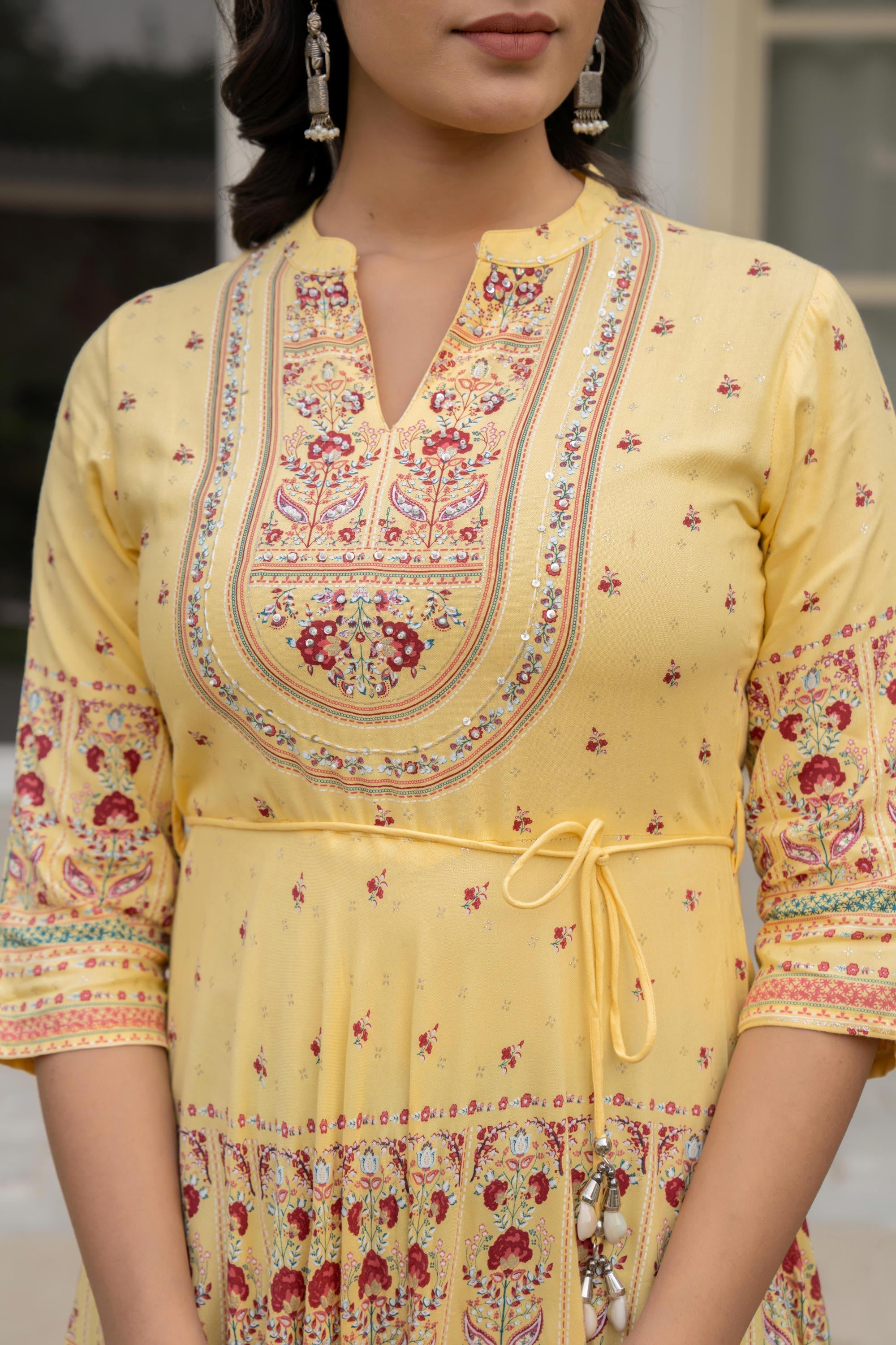 Juniper Women's Yellow Ethnic Motif Printed Rayon Dress With Dori & Kaudis