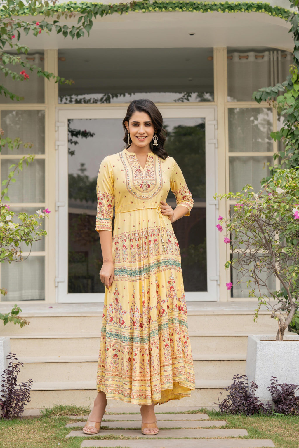 Juniper Women's Yellow Ethnic Motif Printed Rayon Dress With Dori & Kaudis