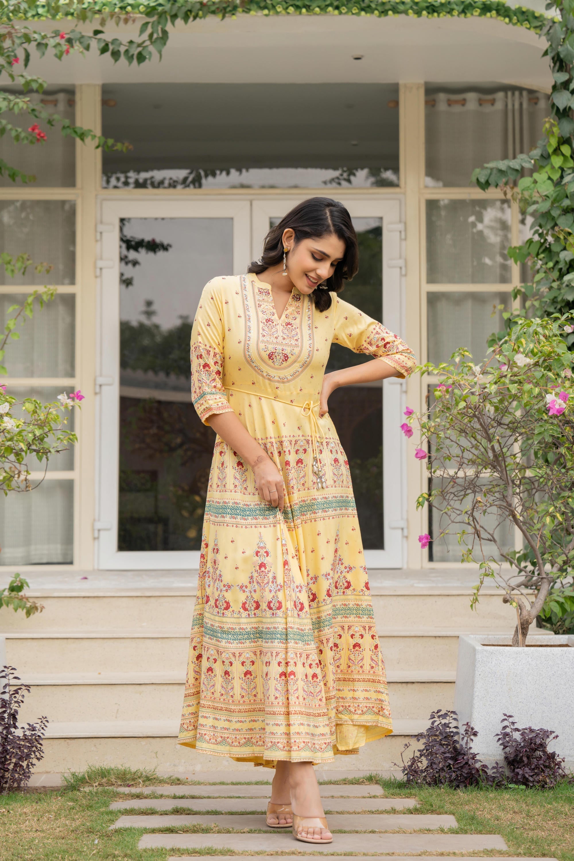 Juniper Women's Yellow Ethnic Motif Printed Rayon Dress With Dori & Kaudis
