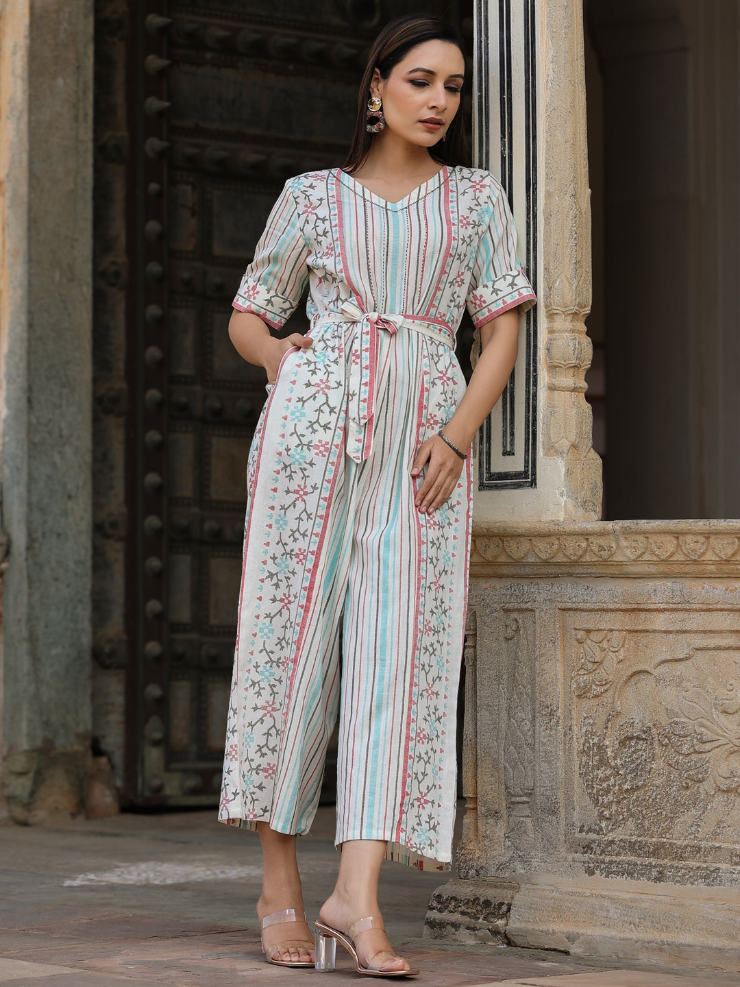 Juniper Ivory Geometric Printed Cotton Flex Jumpsuit With Beads & Thread Work