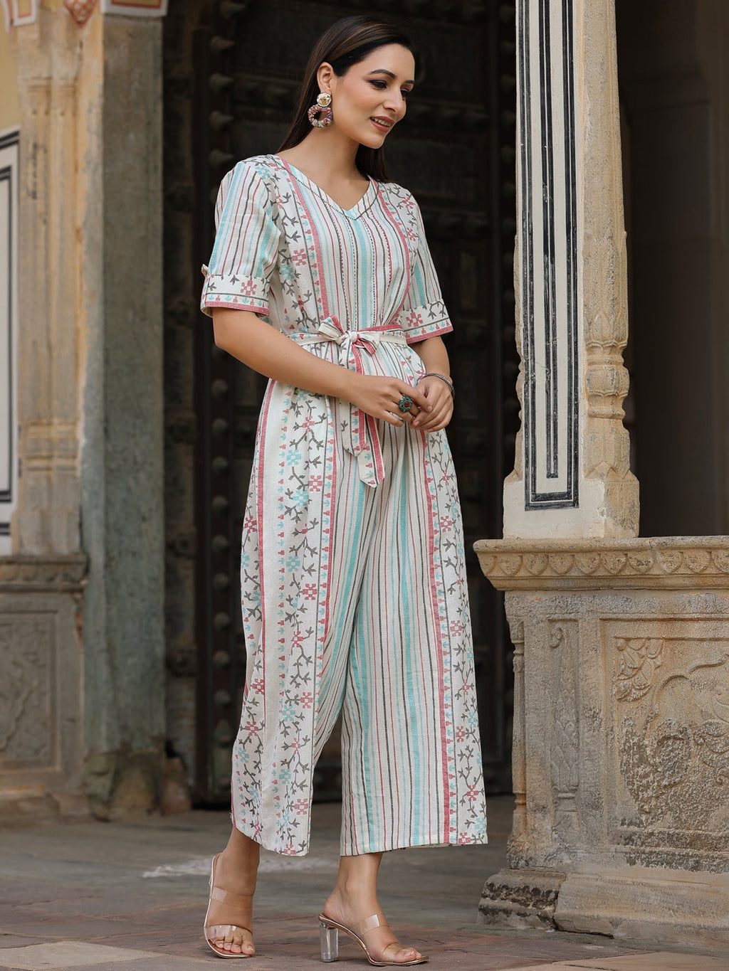 Juniper Ivory Geometric Printed Cotton Flex Jumpsuit With Beads & Thread Work