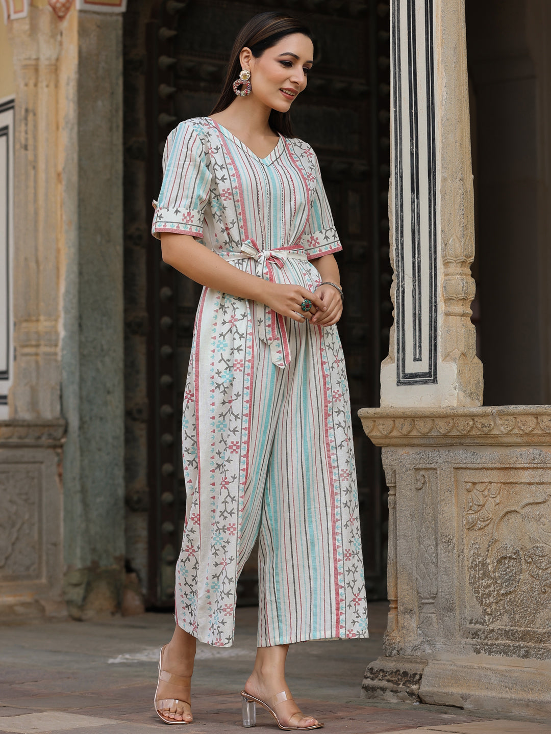 Juniper Ivory Geometric Printed Cotton Flex Jumpsuit With Beads & Thread Work