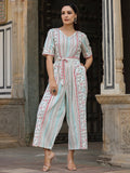 Juniper Ivory Geometric Printed Cotton Flex Jumpsuit With Beads & Thread Work