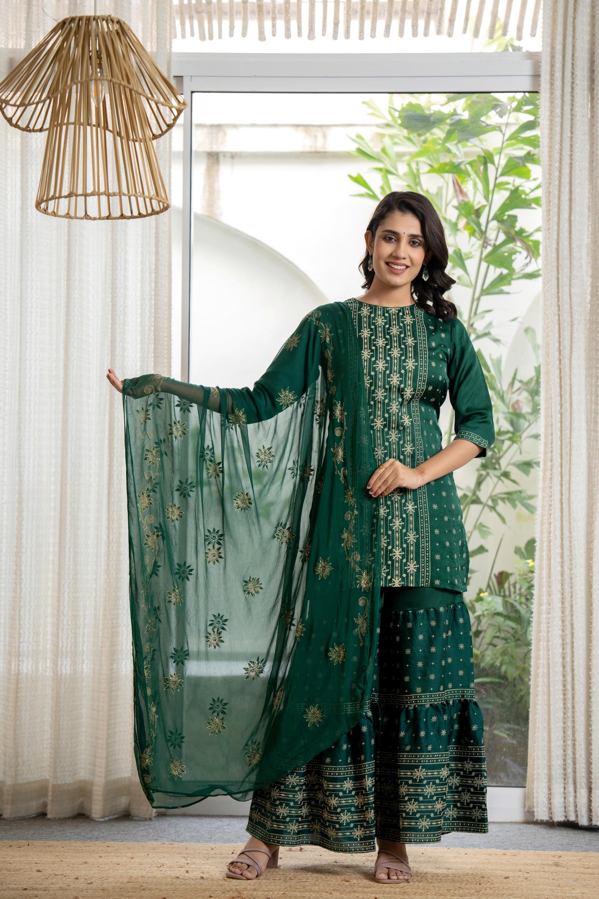 Juniper Women's Green Viscose Rayon Self Design Sharara Set