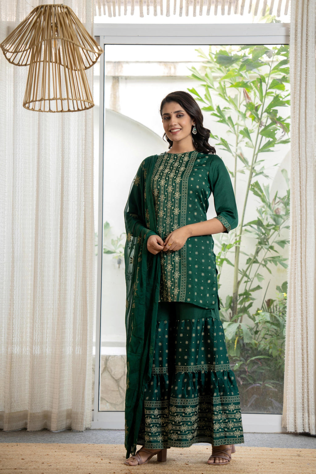 Juniper Women's Green Viscose Rayon Self Design Sharara Set