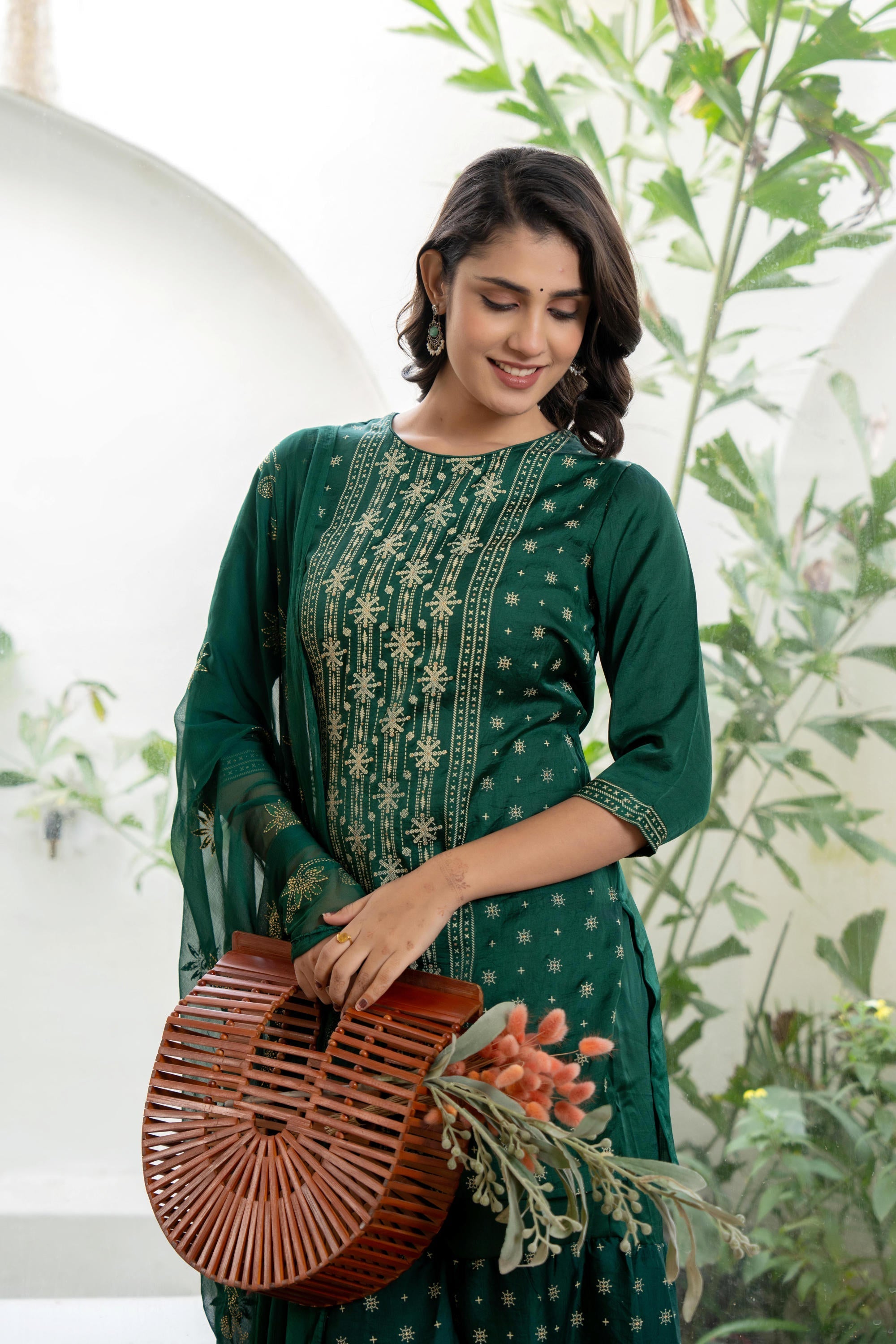 Juniper Women's Green Viscose Rayon Self Design Sharara Set