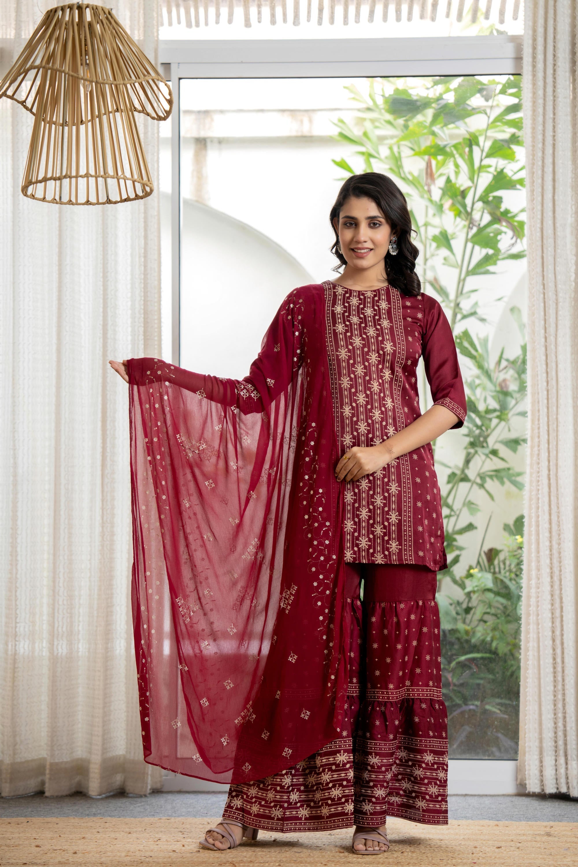 Juniper Women's Maroon Viscose Rayon Solid Sharara Set