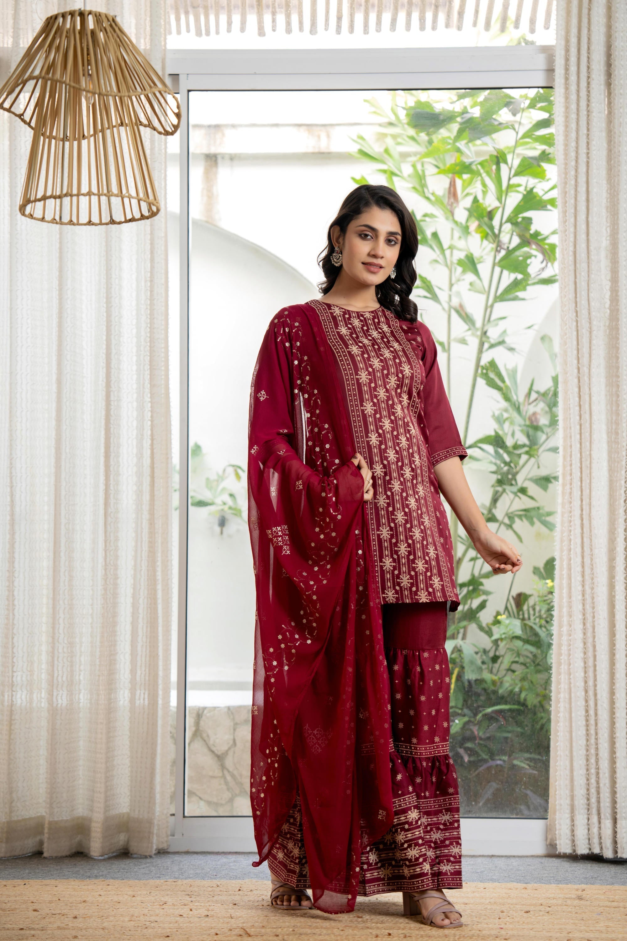 Juniper Women's Maroon Viscose Rayon Solid Sharara Set