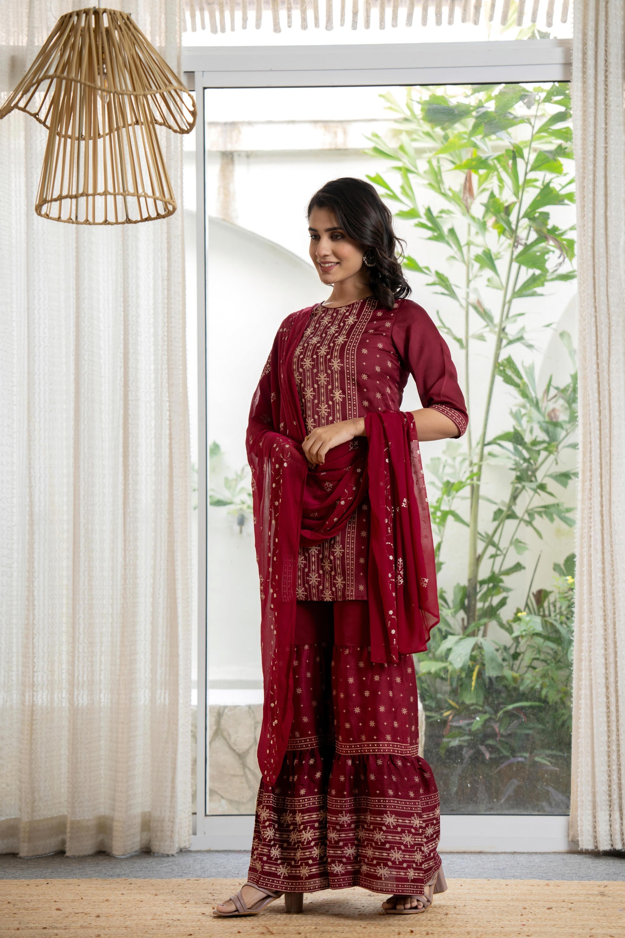 Juniper Women's Maroon Viscose Rayon Solid Sharara Set