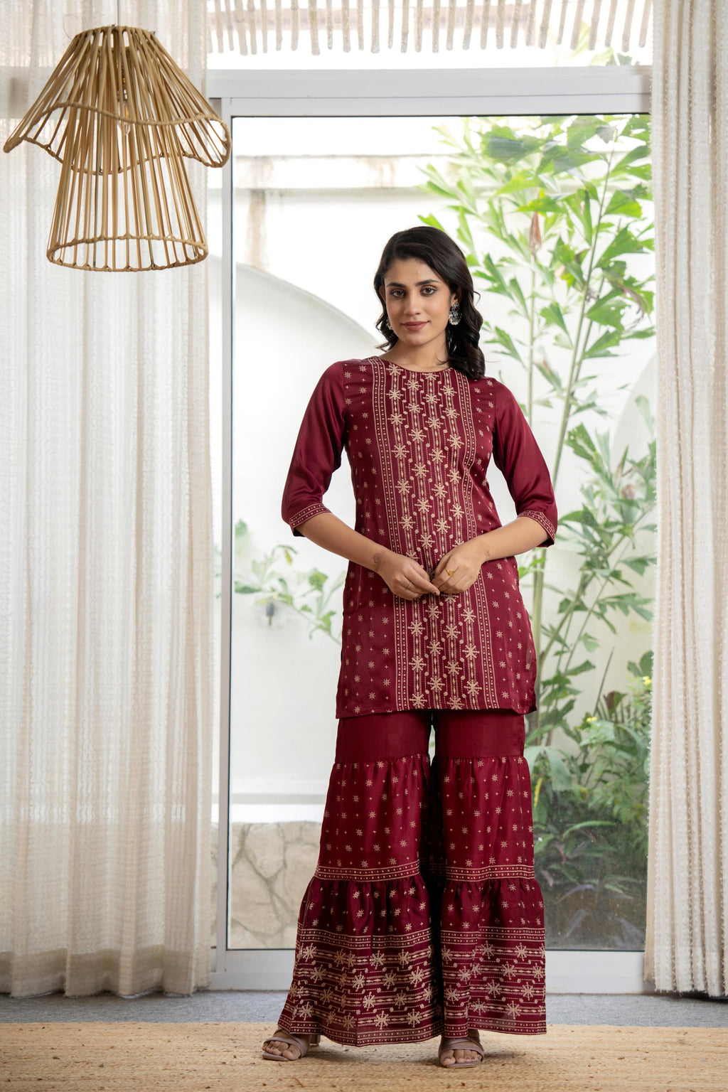 Juniper Women's Maroon Viscose Rayon Solid Sharara Set